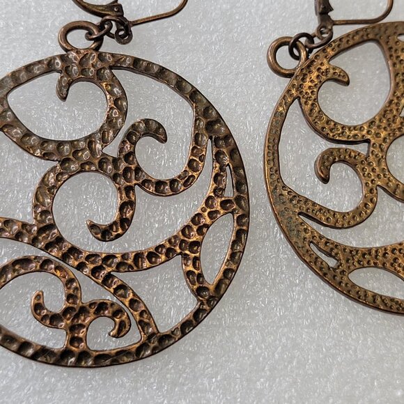 Round Antique Bronze Hued Filigree Earrings - Picture 8 of 12